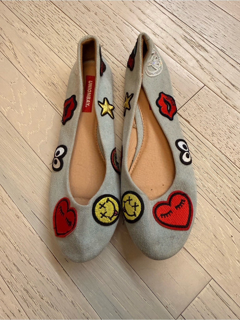 UNIONBAY Gray Patchwork Slip-On Flats with Red Hearts & Yellow Smiley Stars